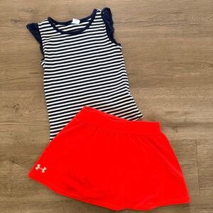 Under Armour Girls' Red Active Skort with Navy & White Striped Tank Top Outfit🇺🇸